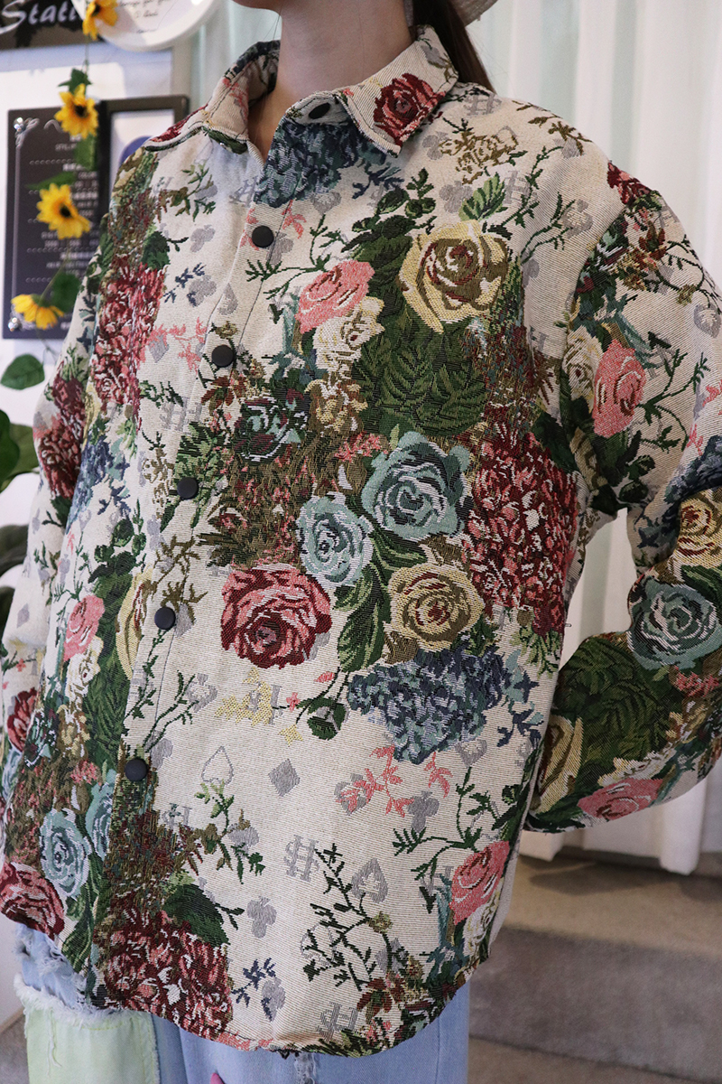 文青風立體刺繡玫瑰花朵織布寬鬆襯衫
