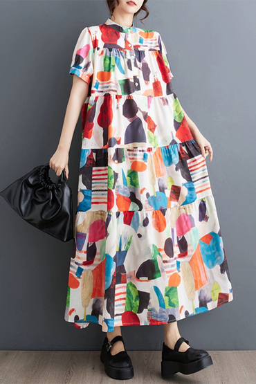 可愛繽紛色彩圖案前排扣層次蛋糕傘狀洋裝-洋裝推薦