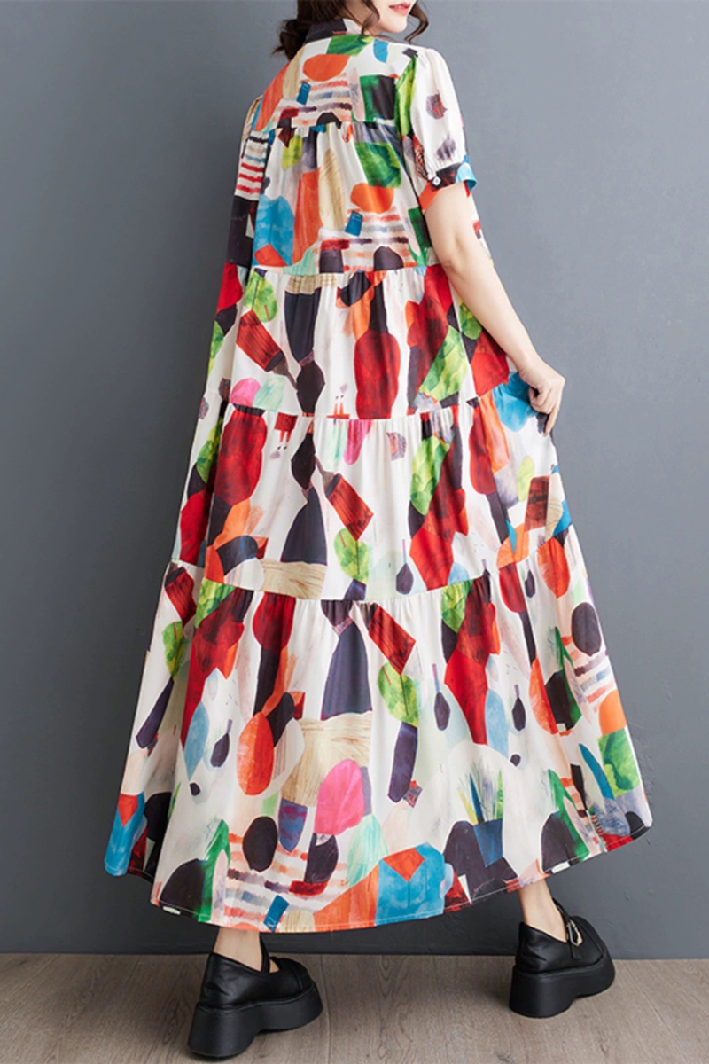 可愛繽紛色彩圖案前排扣層次蛋糕傘狀洋裝-洋裝推薦