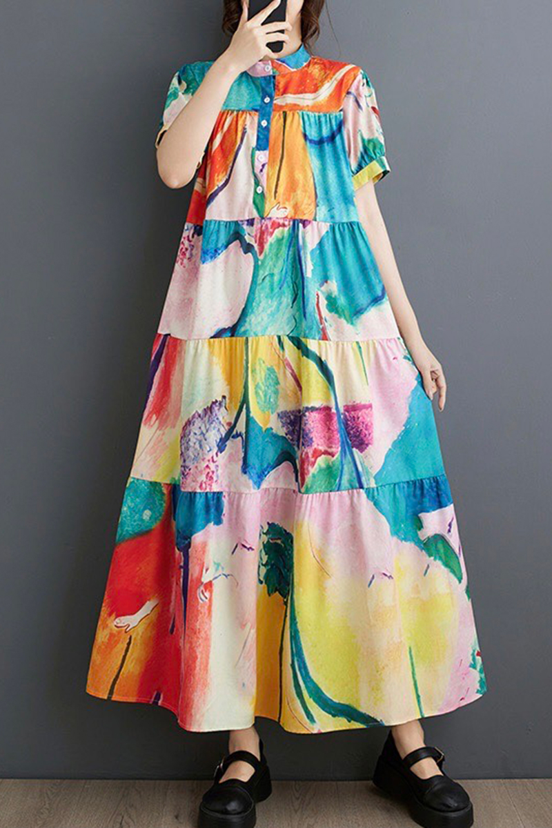 幻彩粉嫩渲染藝術圖案前排扣層次蛋糕傘狀洋裝-洋裝推薦