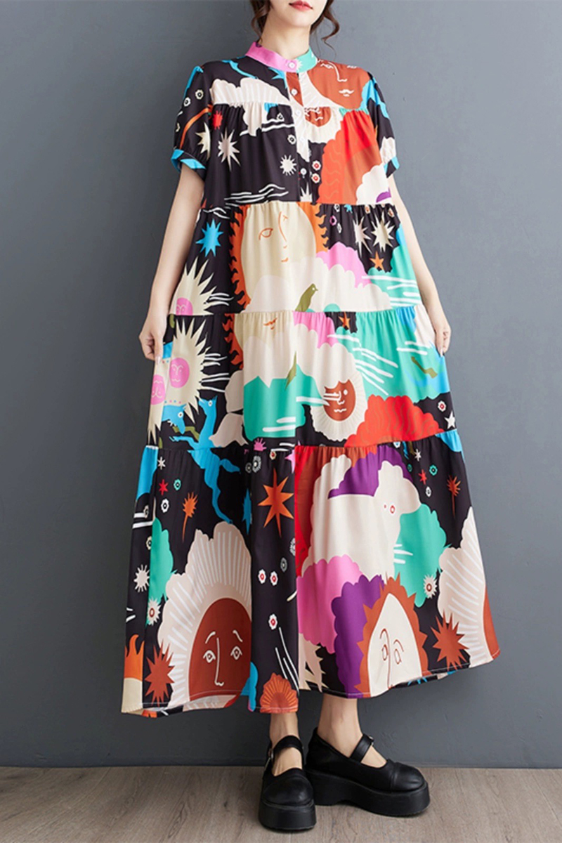 太陽星星花朵彩色圖案前排扣層次蛋糕傘狀洋裝-洋裝推薦