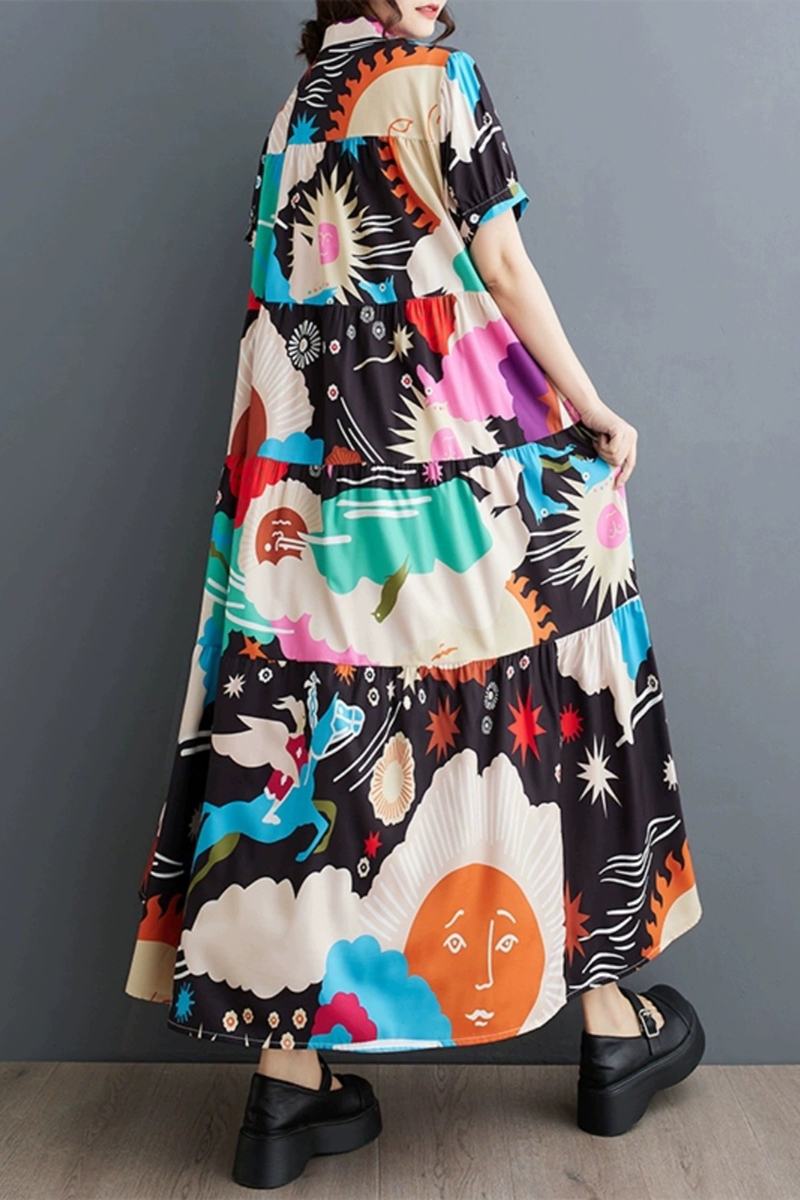 太陽星星花朵彩色圖案前排扣層次蛋糕傘狀洋裝-洋裝推薦