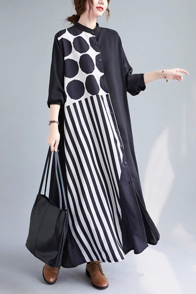 黑白配色圓圈條紋寬鬆傘狀襯衫洋裝-洋裝推薦