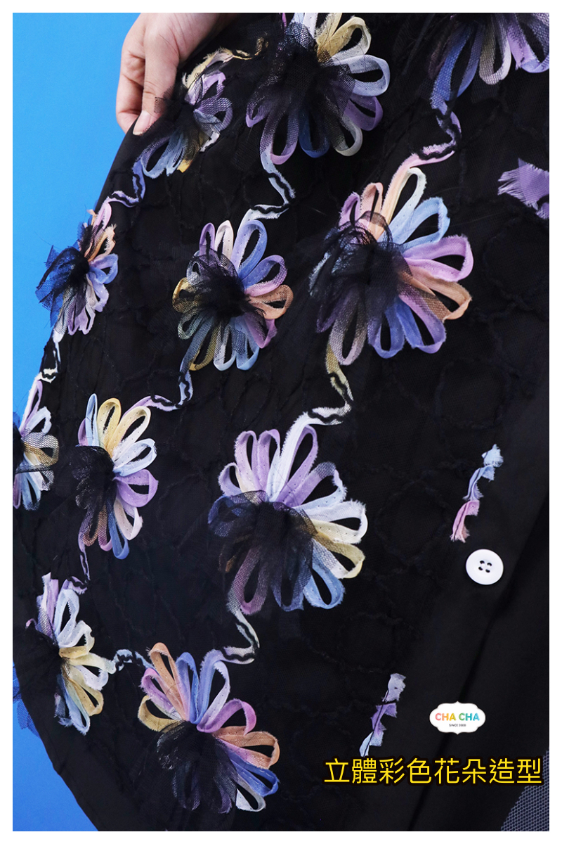 摩登網紗拼接立體彩色花朵襯衫洋裝-洋裝推薦