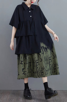 歐美風格軍綠藝術線條拼接層次感寬鬆洋裝-洋裝推薦