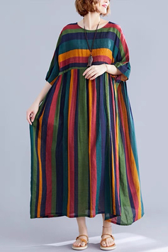 日系彩色條紋棉麻休閒寬鬆洋裝-洋裝推薦