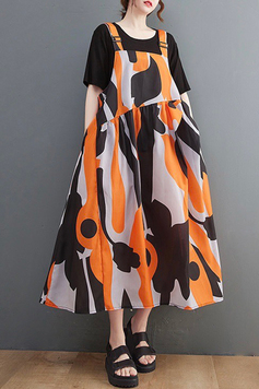 滿版橘黑花朵藝術圖案寬鬆吊帶連身-裙子推薦