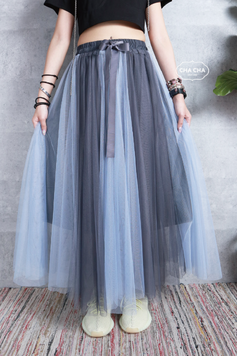 灰藍色拼接層次紗裙