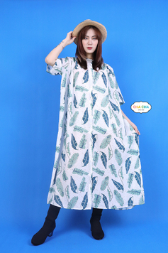 日系清新綠葉開釦襯衫式寬鬆洋裝-洋裝推薦