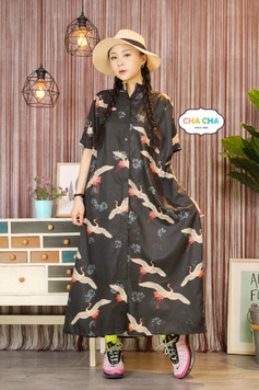 日式和風仙鶴寬長版襯衫洋裝-洋裝推薦