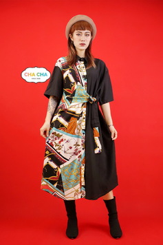 韓系襯衫式側綁帶貴氣花紋拼接造型洋裝-洋裝推薦