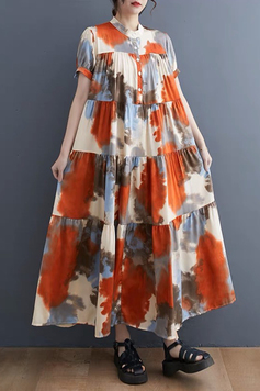 橘藍藝術渲染層次拼接傘狀洋裝-洋裝推薦