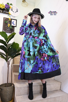 紫藍撞色文藝時尚藝術花朵寬鬆洋裝-洋裝推薦