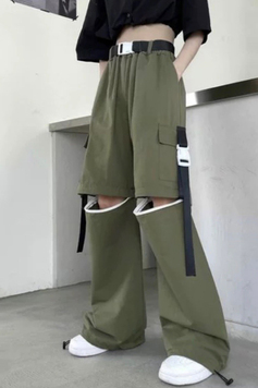 街頭感可拆式拉鍊設計軍綠工裝褲-長褲推薦