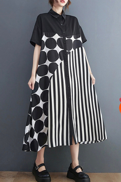 黑白復古大圓點不規則拼接條紋襯衫洋裝-洋裝推薦