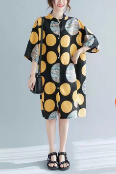 滿版黃色大圓圈棉麻寬鬆襯衫洋裝-洋裝推薦