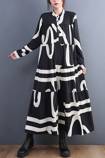 抽象藝術線條黑色長版洋裝-洋裝推薦