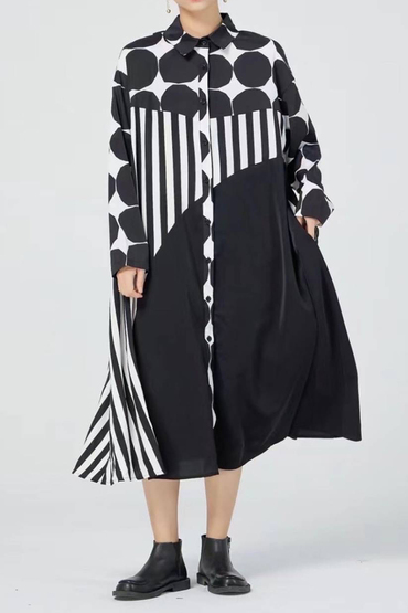 歐美高質感黑白幾何拼接襯衫洋裝-洋裝推薦
