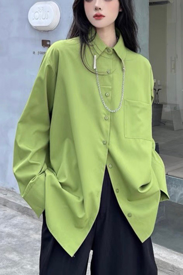 青蘋果綠質感可拆式鍊條長版襯衫-襯衫推薦