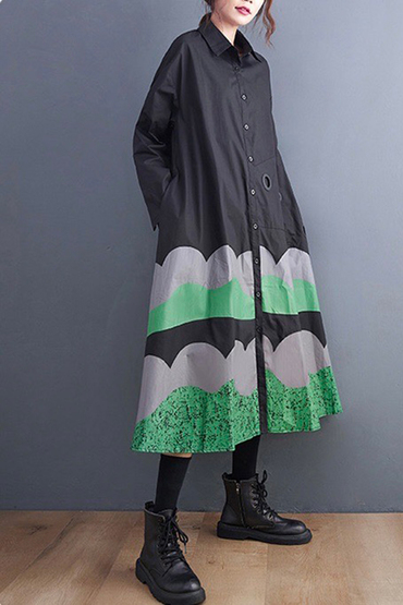 黑綠幾何圖騰藝術長版襯衫洋裝 黑色-洋裝推薦