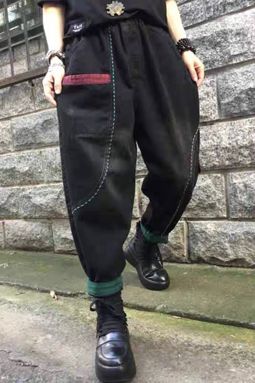 水洗刷黑色車線大口袋摺腳男友牛仔褲-褲子推薦
