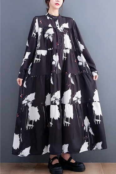 黑白藝術花朵彩色小鳥點綴傘狀蛋糕洋裝-洋裝推薦