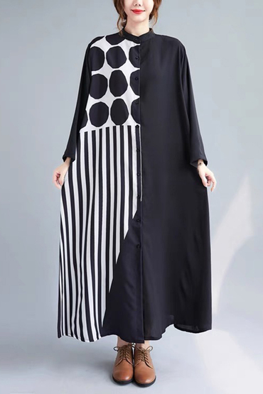 黑白配色圓圈條紋寬鬆傘狀襯衫洋裝-洋裝推薦