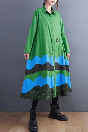 綠藍黑幾何圖騰長版襯衫洋裝 綠色-洋裝推薦