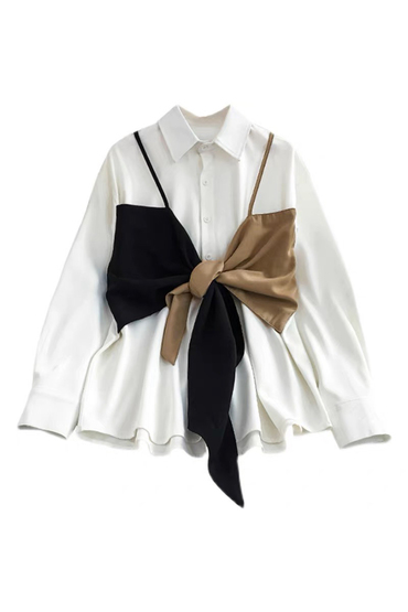 黑駝配色立體蝴蝶結假兩件式高質感寬鬆襯衫-襯衫推薦