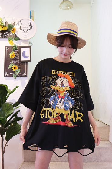 可愛彩色卡通鴨下擺割破寬鬆造型上衣