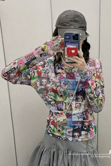 滿版漫畫人像彈性冰絲透膚網紗上衣-上衣推薦