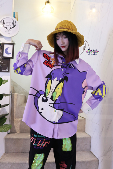可愛貓咪老鼠紫色系寬鬆造型襯衫-襯衫推薦