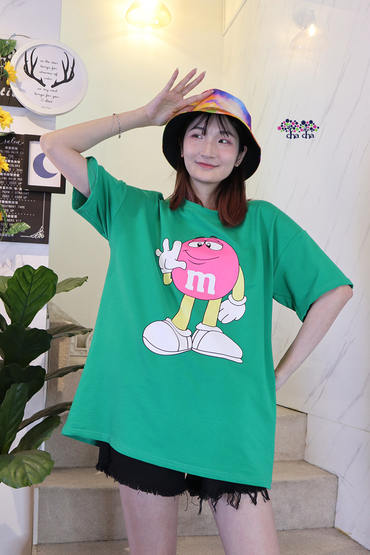 亮綠可愛朱古力先生圖案寬鬆休閒上衣-上衣推薦