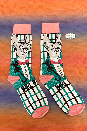 可愛驚訝西裝貓咪格紋襪子-襪子推薦