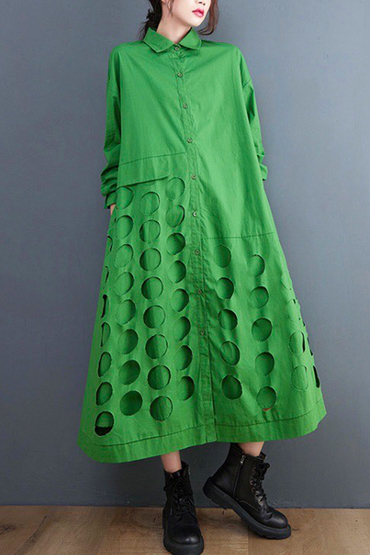 立體雙層挖空圓點綠色襯衫洋裝-洋裝推薦