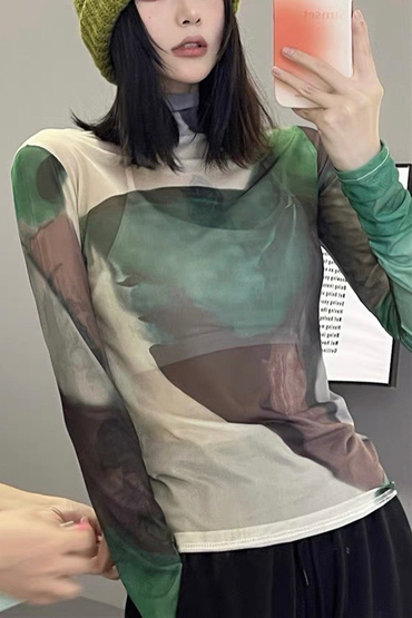 冰絲清新綠咖大地色系彈性網紗合身上衣-上衣推薦