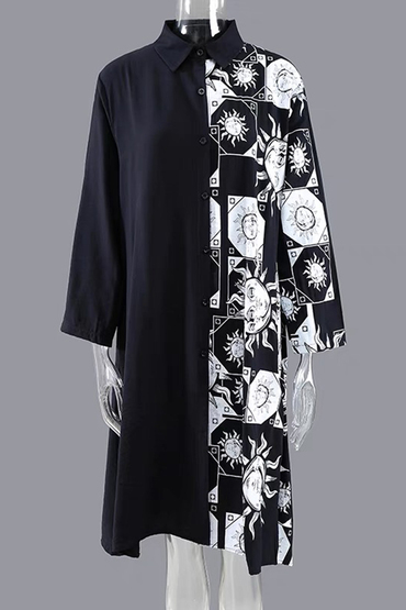 埃及太陽圖騰黑白拼接長版襯衫洋裝-洋裝推薦