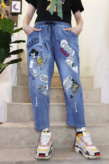 手工立體刺繡狗狗女孩拼接彈性牛仔褲-長褲推薦