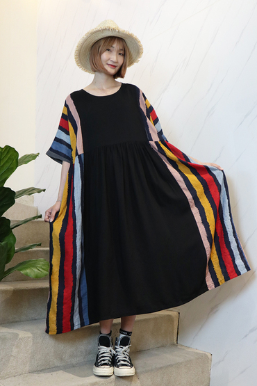 日系雙側拼接彩色條紋棉麻寬鬆洋裝-洋裝推薦