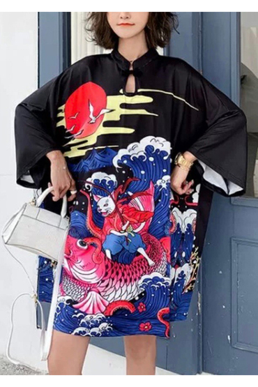日式海浪仙鶴小立領中國結寬鬆洋裝-洋裝推薦