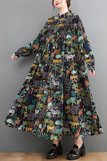 滿版叢林動物層次傘狀寬鬆洋裝-洋裝推薦