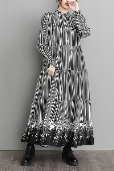線條黑白斑馬圖印寬鬆長版洋裝-洋裝推薦