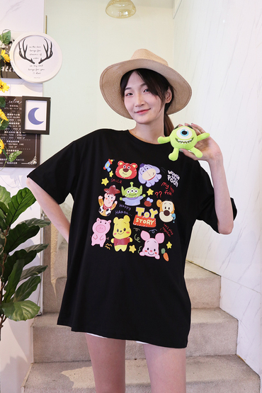 立體單眼娃娃可拆式別針彩色卡通印圖寬鬆上衣
