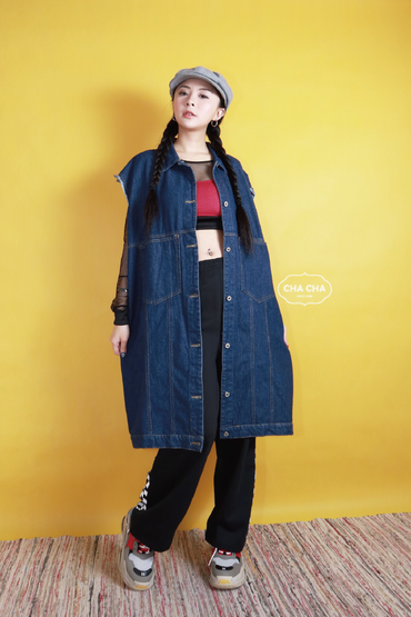 Oversize 復古深牛仔原色長版背心