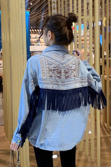 宮廷風立體鉚釘水鑽刺繡流蘇牛仔外套-外套推薦