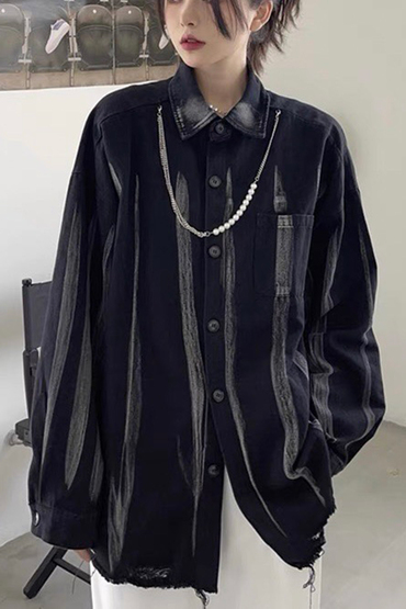 珍珠項鍊線條刷色黑色寬鬆襯衫-襯衫推薦