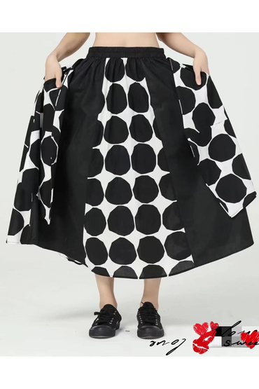 復古圓點拼接黑色塊不規則造型裙-裙子推薦