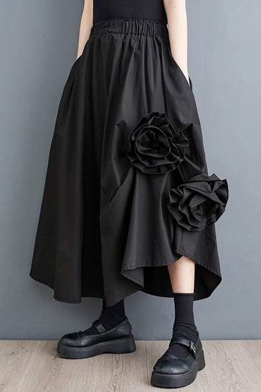 手工立體玫瑰花雙側口袋鬆緊腰造型裙-長裙推薦