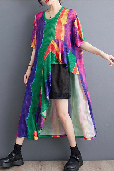 歐美風色彩渲染荷葉花邊彈性網子洋裝-洋裝推薦