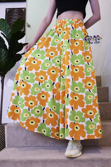 夏日亮麗橘綠色花朵絲滑雪紡料側口袋鬆緊腰裙褲-褲裙推薦